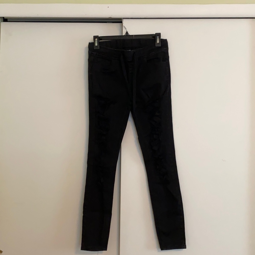 black drawstring distressed jeans